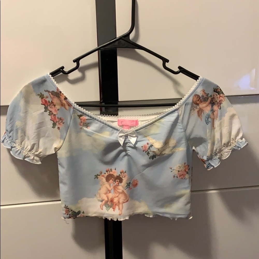 Trendy Blue crop top puff sleeve